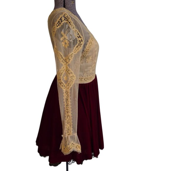 Free People V Is for Victorian Red Velvet and Cream Lace Long Sleeve Mini Dress - Picture 2 of 12